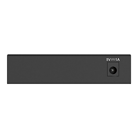 Commutateur réseau noir avec connexion d'alimentation. Inscription : 5V⎓1A.