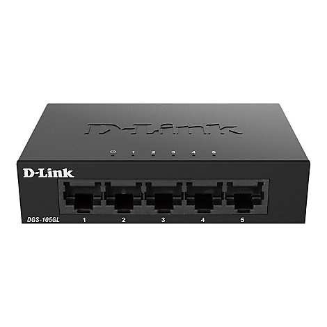 Schwarzer Netzwerk-Switch von D-Link mit fünf Anschlüssen. Oben ist der Schriftzug D-Link zu sehen, darunter die Anschlüsse mit Ziffern.