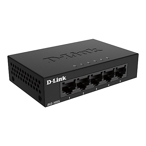 Schwarzer D-Link Netzwerkswitch mit 5 Anschlüssen, Beschriftung und Bezeichnung DGS-105GL.