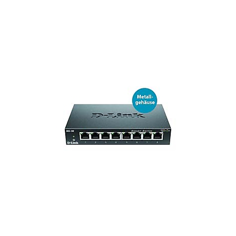 Commutateur Gigabit D-Link noir avec huit ports et une étiquette de boîtier métallique.