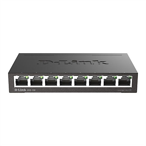 Commutateur réseau D-Link noir avec huit ports, éclairés en vert. 'D-Link DGS-108' est à gauche.