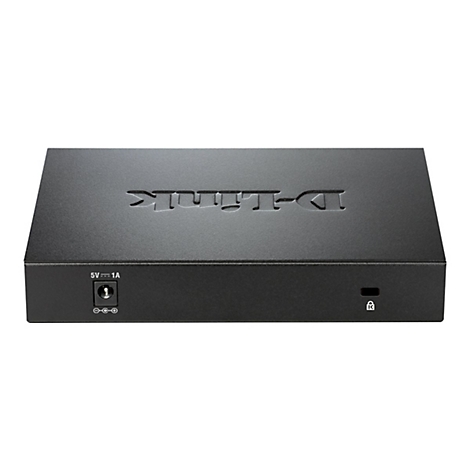 Commutateur réseau D-Link noir. D-Link est gravé sur le dessus. 5V=1A est sur le devant.