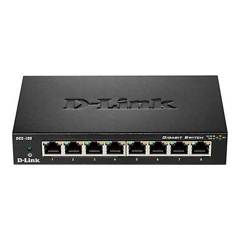 Schwarzer D-Link Gigabit-Switch mit acht Anschlüssen. Oben steht D-Link, unten rechts sind LEDs und Anschlüsse beschriftet.