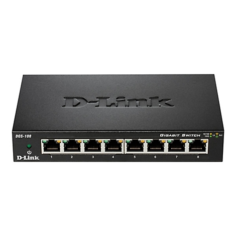 Schwarzer D-Link Gigabit Switch mit acht Anschlüssen. Oben steht der Name D-Link, unten die Bezeichnung DGS-108.