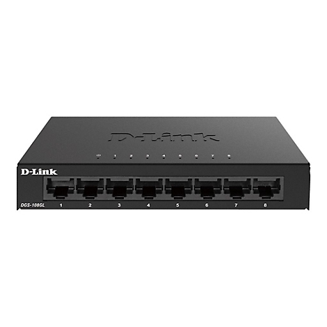 Un commutateur réseau D-Link noir avec huit ports. Les étiquettes D-Link et DGS-108GL sont clairement visibles.