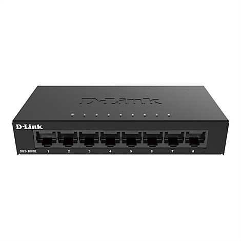Commutateur réseau noir avec 8 ports, logo D-Link. Les ports sont numérotés de 1 à 8.