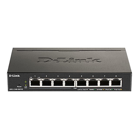 Un commutateur réseau D-Link noir avec huit ports. Les étiquettes et les indicateurs sont clairement visibles.