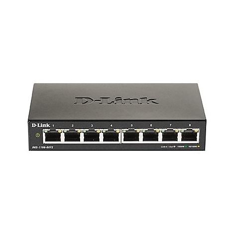 Schwarzer D-Link Netzwerkswitch mit 8 Ports, beschriftet mit Nummern. Links die Power-LED. D-Link Logo in der Mitte.
