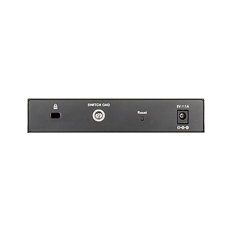 Gros plan de l'arrière d'un appareil réseau noir. Étiquettes : Switch GND, Reset, 5V-1A.