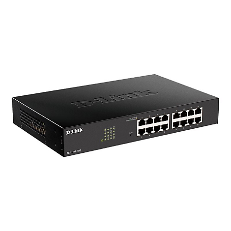 Ein schwarzer D-Link Switch auf weißem Hintergrund. Oben links ist das Logo zu sehen, rechts Ports und LEDs.