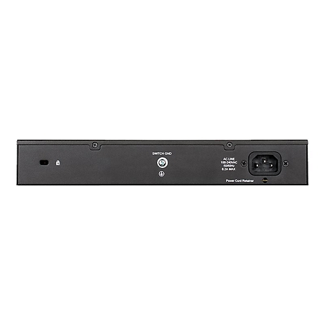 Rückseite eines schwarzen Netzwerk-Switches mit Anschlüssen, u.a. für Strom.