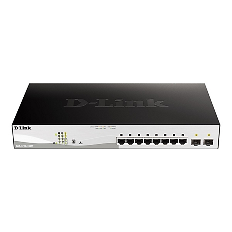 Schwarzer D-Link Switch, graue Front mit Anschlüssen und LEDs, Modell DGS-1210-10MP.