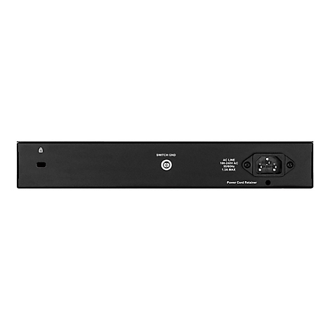 Schwarzer Netzwerk-Switch, Rückansicht. Anschlüsse: Stromanschluss, Erdung, AC-Line-Daten, Halterung für Netzkabel.