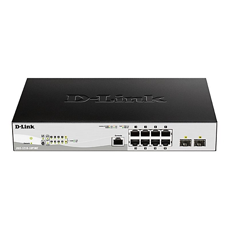 Ein schwarzer D-Link Netzwerk Switch. Auf der Front befinden sich Anschlüsse und LEDs, das Logo ist auf der Oberseite.