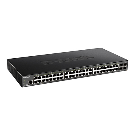 Commutateur D-Link noir avec plusieurs ports sur fond blanc.