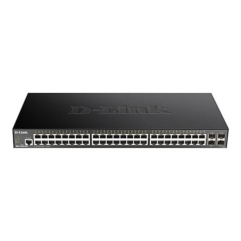 Un commutateur réseau D-Link noir avec de nombreux ports. Le texte "D-Link" est en relief sur le dessus.