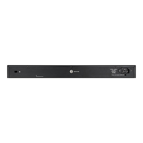 Commutateur réseau noir, vue arrière. Étiquettes : Switch GND, AC Line, 100-240 VAC, 2,5 A MAX, Power cord retainer.