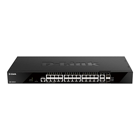 Schwarzer D-Link Netzwerkswitch. Gerätefront mit Anschlüssen, Anzeigen und Logo auf weißem Hintergrund.