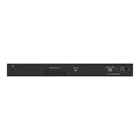 Rückseite eines schwarzen Netzwerk Switches mit Anschlüssen und Beschriftungen: „Redundant Power Supply“, „SWITCH GND“, „AC LINE“ und „Power Cord Retainer“.