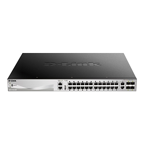 Schwarzer D-Link Netzwerkswitch mit zahlreichen Anschlüssen. Logos, Ports und Schriftzüge sind gut erkennbar.