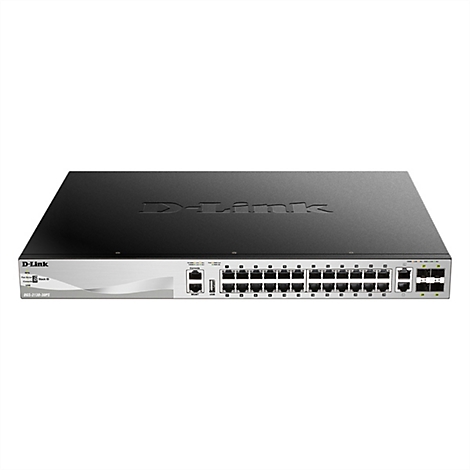 D-Link DGS-3130-30PS Netzwerk-Switch in schwarzem Metallgehäuse mit silberner Frontblende und zahlreichen Ethernet-Ports.