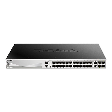 Ein D-Link Switch mit mehreren Anschlüssen, schwarz und grau. Oben steht D-Link. Beschriftung DGS-3130-30S.