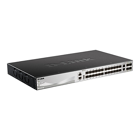Ein schwarzer D-Link Netzwerkswitch, silberne Front, viele Ports, D-Link Logo.