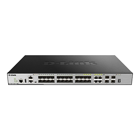 Ein schwarzer D-Link Netzwerk Switch. Auf der Front befinden sich zahlreiche Anschlüsse, LEDs und das Logo.