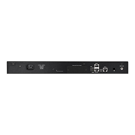 Schwarzes Netzwerkgerät mit Anschlüssen für Strom, USB, Ethernet. Beschriftungen: MGMT, USB, Console, Alarm, Switch GND.