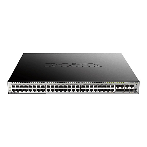 Schwarzer D-Link Switch mit zahlreichen Anschlüssen und dem Schriftzug "D-Link" auf der Oberseite.