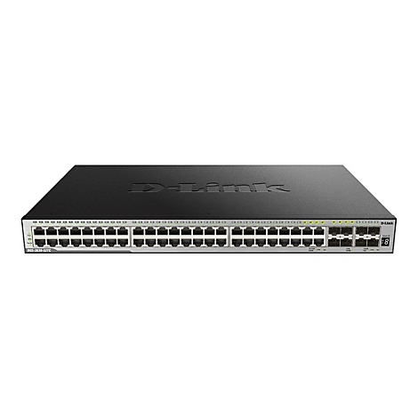 Schwarzer Netzwerk-Switch mit D-Link Logo, vielen Anschlüssen und Kontrollleuchten.