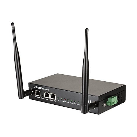 Ein schwarzer D-Link Router mit zwei Antennen. Auf der Vorderseite sind Anschlüsse und Kontrollleuchten.