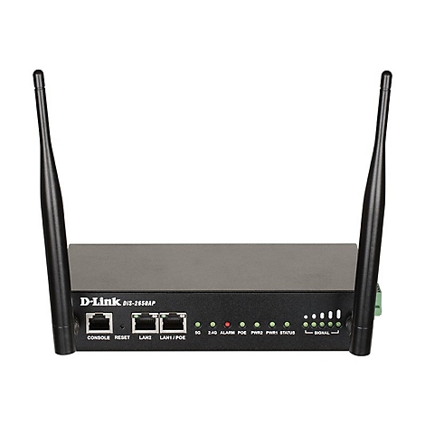 Schwarzer D-Link DIS-2650AP Industrial Access Point mit zwei Antennen und diversen Netzwerkanschlüssen.