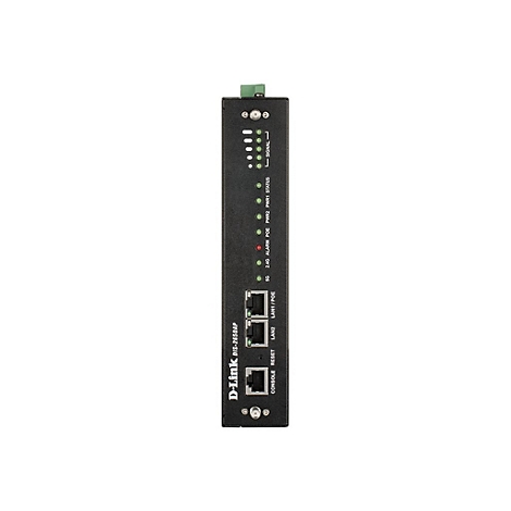 Ein schwarzer D-Link DIS-2650AP Switch mit LED-Anzeigen, Anschlüssen und Schriftzügen wie "5G", "2.4G" und "LAN1/POE".