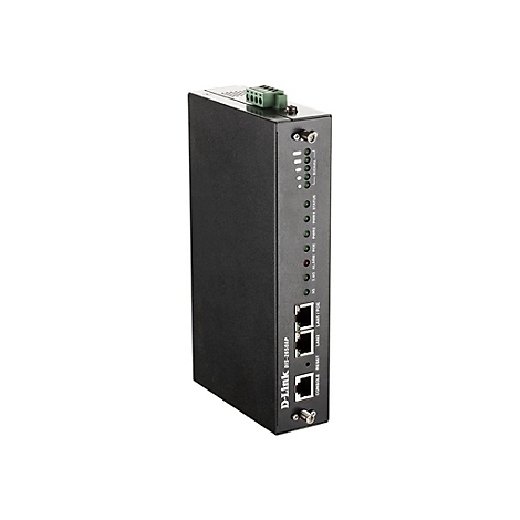 Ein schwarzer D-Link Router, vertikal ausgerichtet, mit Anschlüssen, LED-Anzeigen und der Bezeichnung DIS-2650AP.