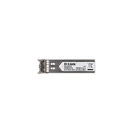 Nahaufnahme eines silbernen D-Link SFP-Transceivers mit weißer Beschriftung.