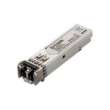 Silberfarbener D-Link SFP Transceiver. Mit Produktbezeichnung, technischen Daten und Warnsymbolen bedruckt.