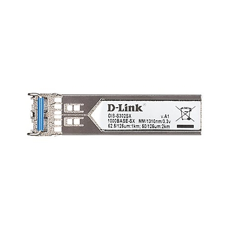 Ein silberner D-Link SFP-Transceiver. Auf dem Etikett steht "D-Link" und technische Daten. Das blaue Ende hat eine Raste.
