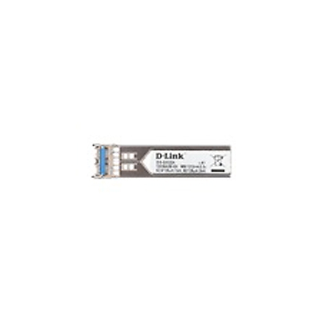 Ein graues D-Link SFP Modul, mit blauer Schnittstelle und Beschriftung.