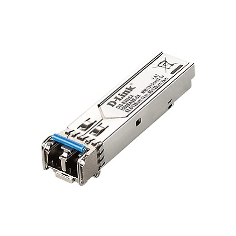 Ein silberner D-Link SFP Transceiver mit blauem Anschluss, Details wie Beschriftung sichtbar.