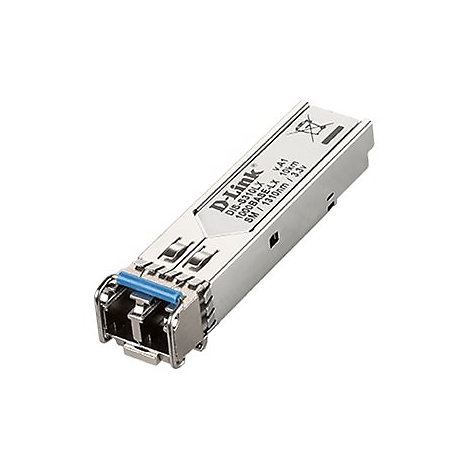Ein silberner D-Link SFP-Transceiver. Mit blauer Lasche, Beschriftung: DIS-5310LX. Ein Stecker mit Informationen.