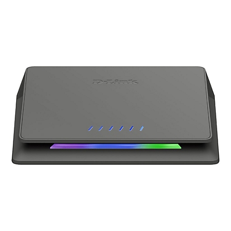 Grauer D-Link Router. Oben steht der Schriftzug "D-Link". Unterhalb leuchten blaue Lichter. Die Unterseite ist in Regenbogenfarben.