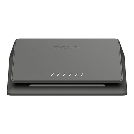 Grauer D-Link Router. Auf der Oberseite steht der Schriftzug D-Link, darunter kleine Kontrollleuchten.