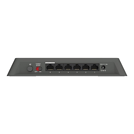 Grauer Netzwerkrouter mit Anschlüssen, Turbo-Modus-Schalter und Stromanschluss.