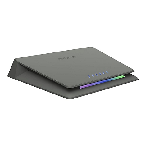 Grauer D-Link Router. Auf der Oberseite sind die Buchstaben 'D-Link' zu sehen, darunter blaue und grüne LED-Leuchten.