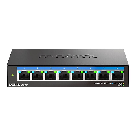 Schwarzer Netzwerk-Switch mit 8 Ports, D-Link DMS-108 beschriftet. Ports mit LEDs, Beschriftungen für Geschwindigkeit.