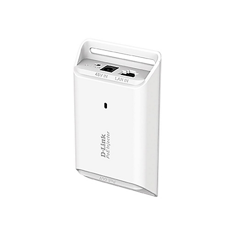 Weißer D-Link PoE-Injector, 48V IN und LAN IN Beschriftung.