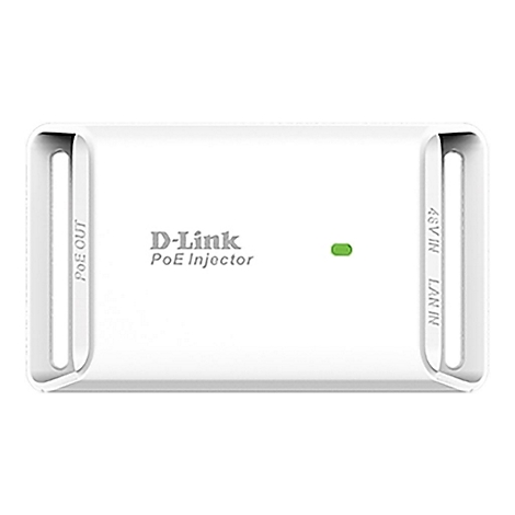Weißer D-Link PoE Injektor. Mit seitlichen Schlitzen, grüne LED, und Beschriftungen: PoE OUT, 48V IN, LAN IN.