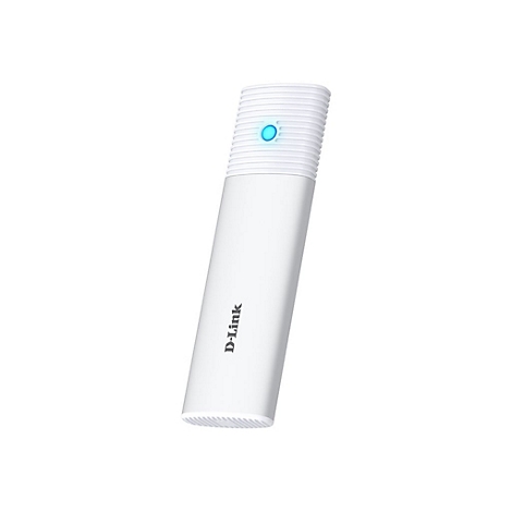 Weißer D-Link WLAN-Stick mit geripptem Oberteil und leuchtend blauer Status-LED.