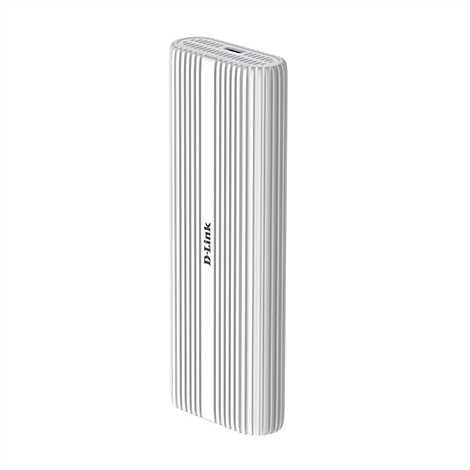 Weiße, längliche D-Link Powerbank mit gerippter Oberfläche und USB-C-Anschluss.